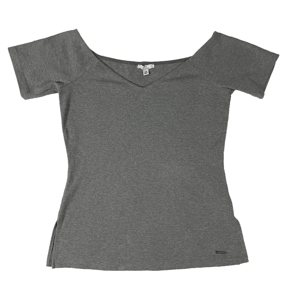 Halston Grey Ribbed Stretch Solid Gray Basic Top Size Large Wide V-Neck